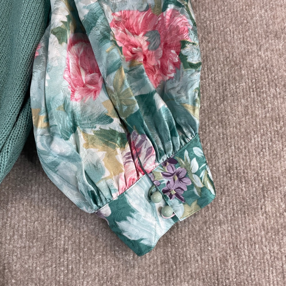 Anne Crimmins Umi Collections Sweater Floral Puff‎ Sleeve Knit Aqua Pink Sz L - Picture 13 of 15